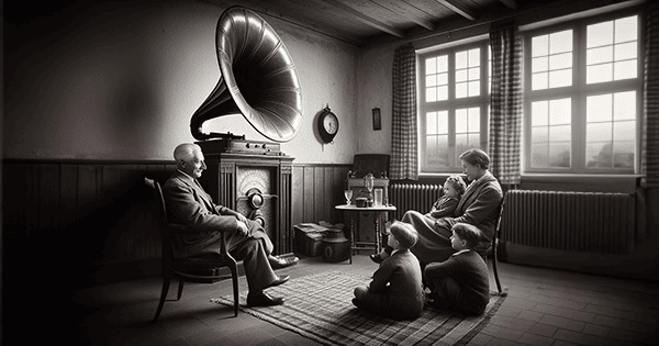 Family sitting around a a vintage radio.